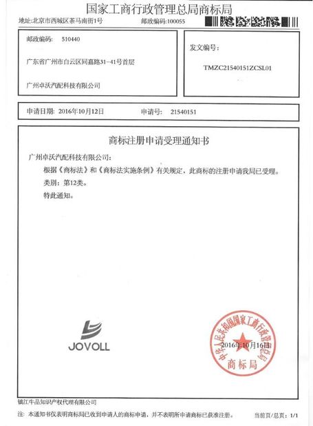 China Guangzhou Jovoll Auto Parts Technology Co., Ltd. Certificaciones